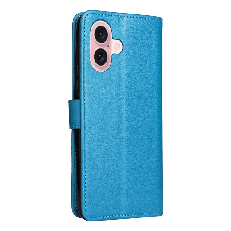KT Imprinting Flower Series-4 For iPhone 16 Case Cat Bee Pattern Leather Cover with Strap - Blue