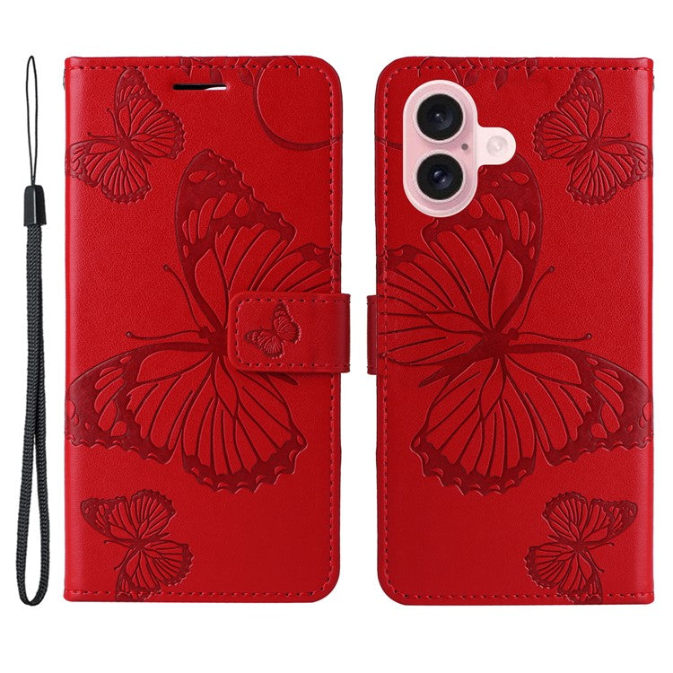 KT Imprinting Flower Series-2 For iPhone 16 Wallet Case Protective Leather Flip Cover - Red