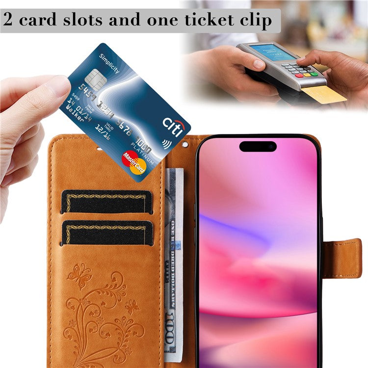 KT Imprinting Flower Series-2 For iPhone 16 Wallet Case Protective Leather Flip Cover - Yellow