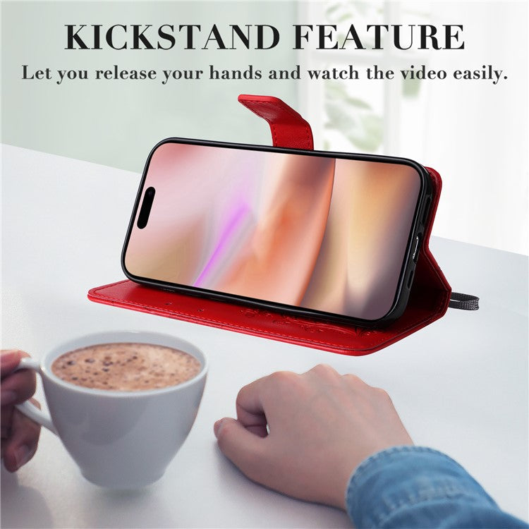 KT Imprinting Flower Series-2 For iPhone 16 Plus Case Leather Wallet Protective Cover - Red