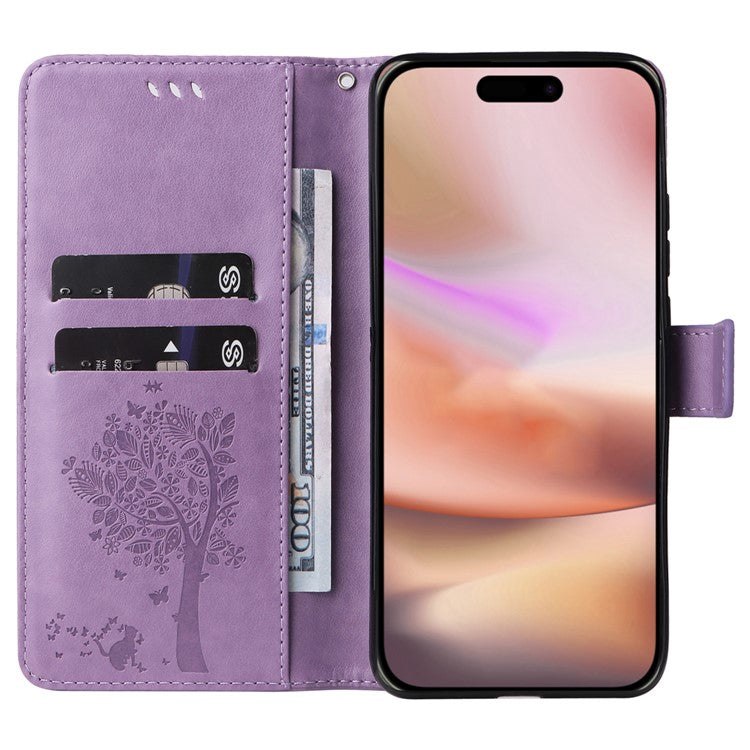 KT Imprinting Flower Series-3 For iPhone 16 Plus Case Cat Tree Flip Wallet Leather Phone Cover - Light Purple