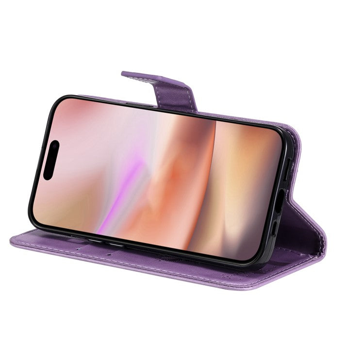 KT Imprinting Flower Series-3 For iPhone 16 Plus Case Cat Tree Flip Wallet Leather Phone Cover - Light Purple