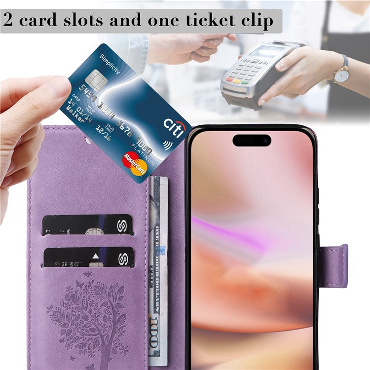 KT Imprinting Flower Series-3 For iPhone 16 Plus Case Cat Tree Flip Wallet Leather Phone Cover - Light Purple