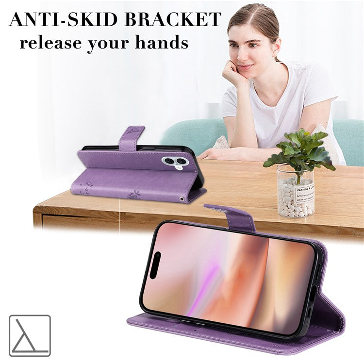 KT Imprinting Flower Series-3 For iPhone 16 Plus Case Cat Tree Flip Wallet Leather Phone Cover - Light Purple