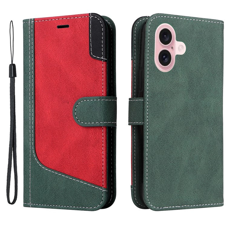 For iPhone 16 Case with Hand Strap Leather Wallet Phone Cover 3-color Splicing - Green