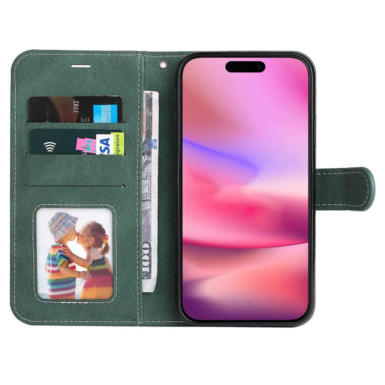 For iPhone 16 Case with Hand Strap Leather Wallet Phone Cover 3-color Splicing - Green