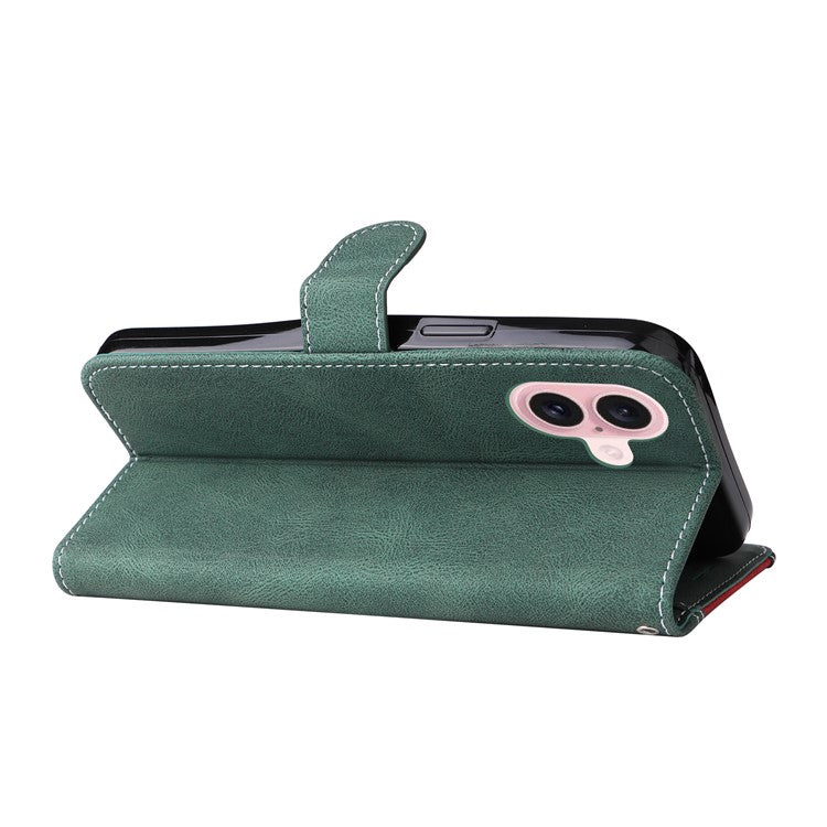 For iPhone 16 Case with Hand Strap Leather Wallet Phone Cover 3-color Splicing - Green