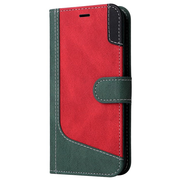 For iPhone 16 Case with Hand Strap Leather Wallet Phone Cover 3-color Splicing - Green
