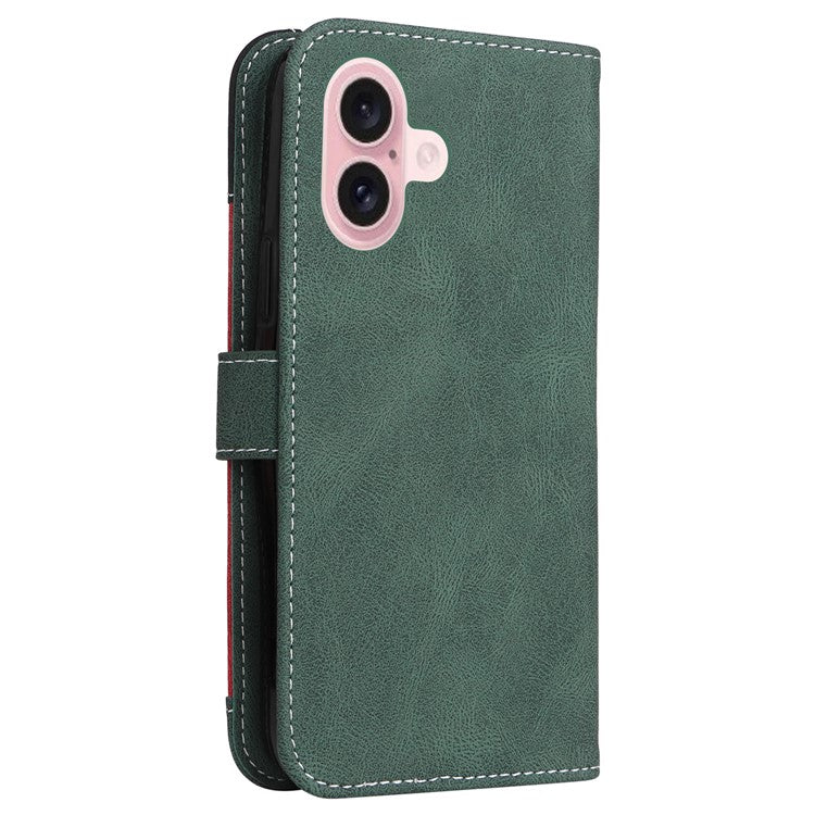 For iPhone 16 Case with Hand Strap Leather Wallet Phone Cover 3-color Splicing - Green