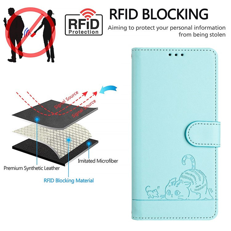 YB Imprinting Series-9 for Oppo A79 5G / A2 5G Case RFID Blocking Phone Leather Cover with Strap - Mint Green