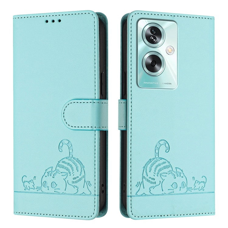 YB Imprinting Series-9 for Oppo A79 5G / A2 5G Case RFID Blocking Phone Leather Cover with Strap - Mint Green