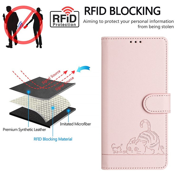 YB Imprinting Series-9 for Oppo A79 5G / A2 5G Case RFID Blocking Phone Leather Cover with Strap - Pink