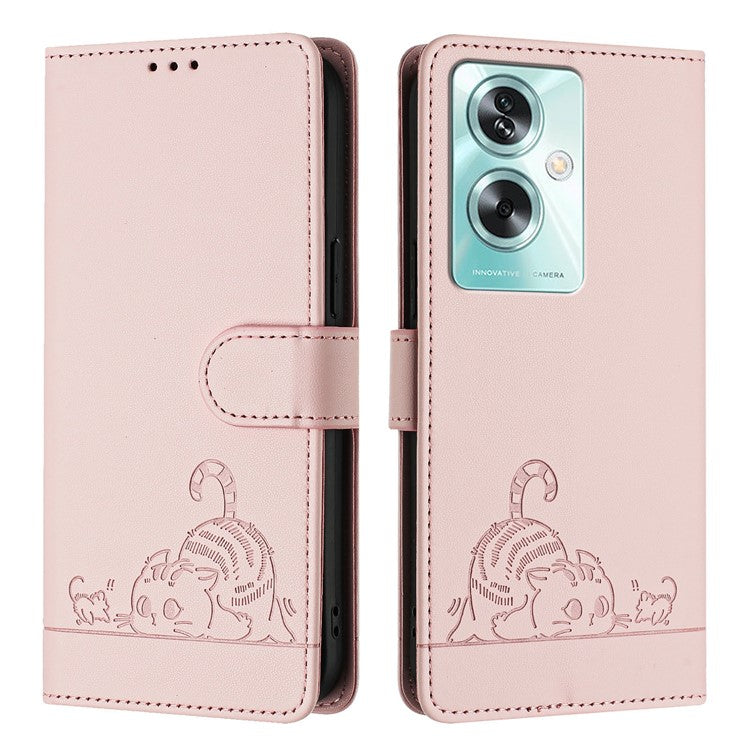 YB Imprinting Series-9 for Oppo A79 5G / A2 5G Case RFID Blocking Phone Leather Cover with Strap - Pink