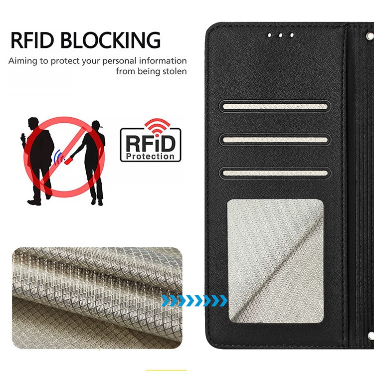 YB Imprinting Series-9 for Oppo A79 5G / A2 5G Case RFID Blocking Phone Leather Cover with Strap - Black