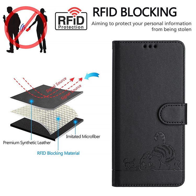YB Imprinting Series-9 for Oppo A79 5G / A2 5G Case RFID Blocking Phone Leather Cover with Strap - Black