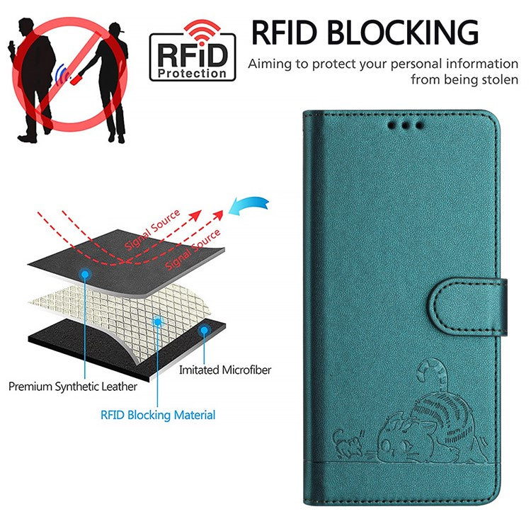 YB Imprinting Series-9 for Oppo A79 5G / A2 5G Case RFID Blocking Phone Leather Cover with Strap - Dark Green