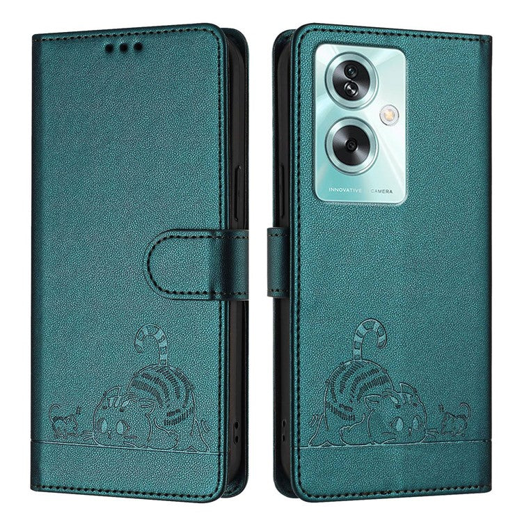 YB Imprinting Series-9 for Oppo A79 5G / A2 5G Case RFID Blocking Phone Leather Cover with Strap - Dark Green