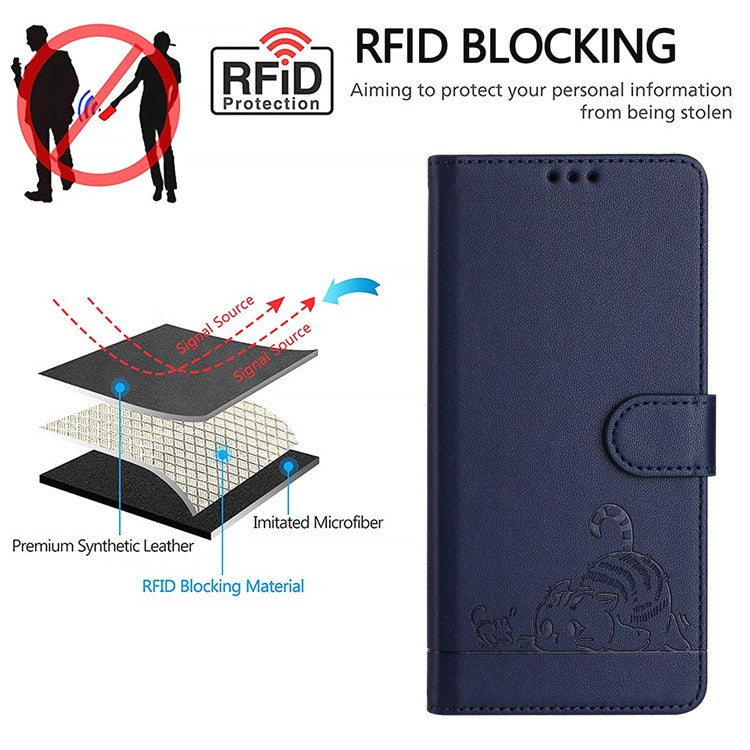YB Imprinting Series-9 for Oppo A79 5G / A2 5G Case RFID Blocking Phone Leather Cover with Strap - Sapphire