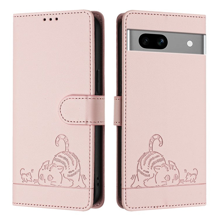 YB Imprinting Series-9 for Google Pixel 7a Case RFID Blocking Leather Phone Cover with Wallet - Pink