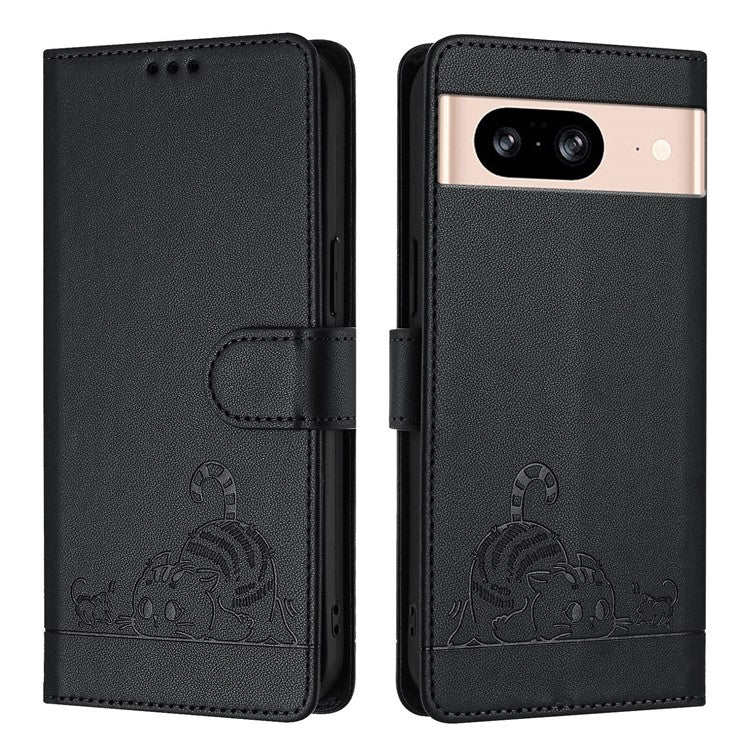 YB Imprinting Series-9 for Google Pixel 8 Case Cat Mouse Pattern Leather Wallet Stand Phone Cover - Black