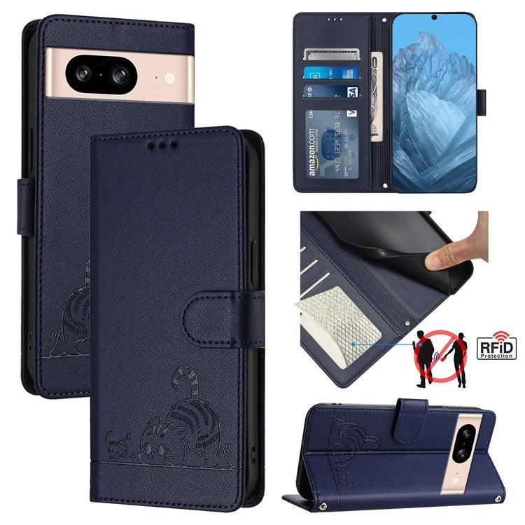 YB Imprinting Series-9 for Google Pixel 8 Case Cat Mouse Pattern Leather Wallet Stand Phone Cover - Sapphire