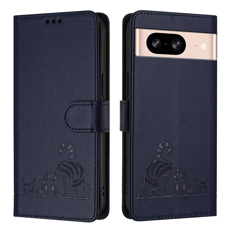 YB Imprinting Series-9 for Google Pixel 8 Case Cat Mouse Pattern Leather Wallet Stand Phone Cover - Sapphire