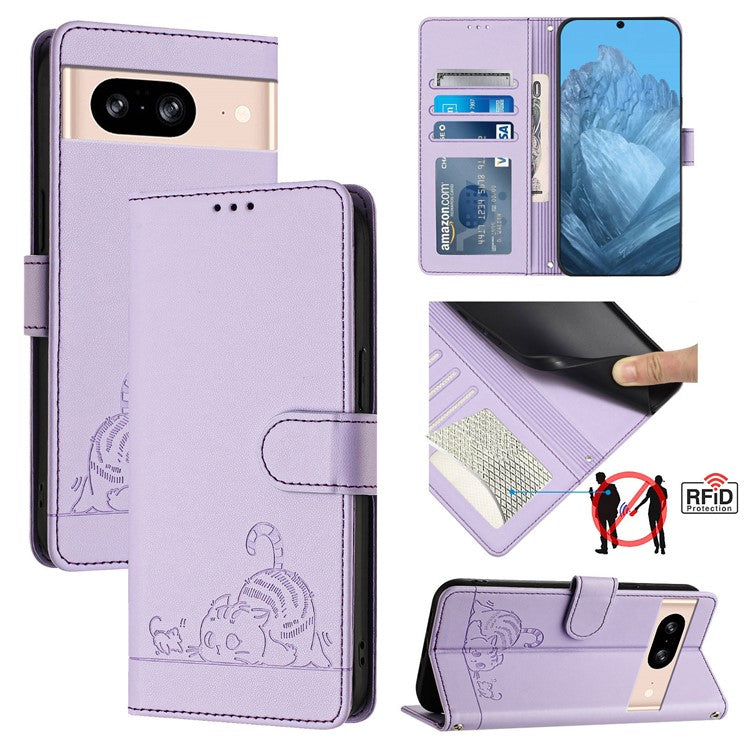 YB Imprinting Series-9 for Google Pixel 8 Case Cat Mouse Pattern Leather Wallet Stand Phone Cover - Purple