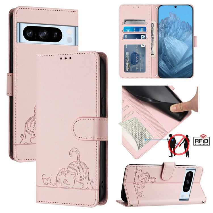 YB Imprinting Series-9 for Google Pixel 8 Pro Case Leather Folio Phone Cover Cat Mouse Pattern - Pink