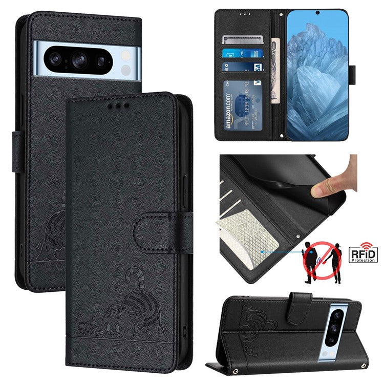YB Imprinting Series-9 for Google Pixel 8 Pro Case Leather Folio Phone Cover Cat Mouse Pattern - Black