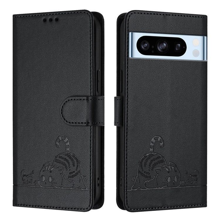 YB Imprinting Series-9 for Google Pixel 8 Pro Case Leather Folio Phone Cover Cat Mouse Pattern - Black