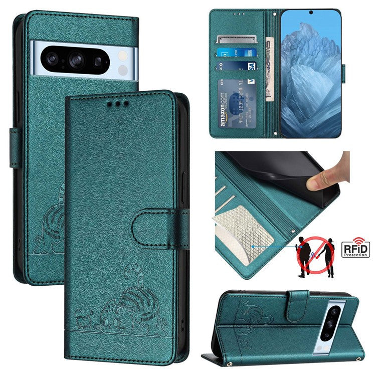 YB Imprinting Series-9 for Google Pixel 8 Pro Case Leather Folio Phone Cover Cat Mouse Pattern - Dark Green