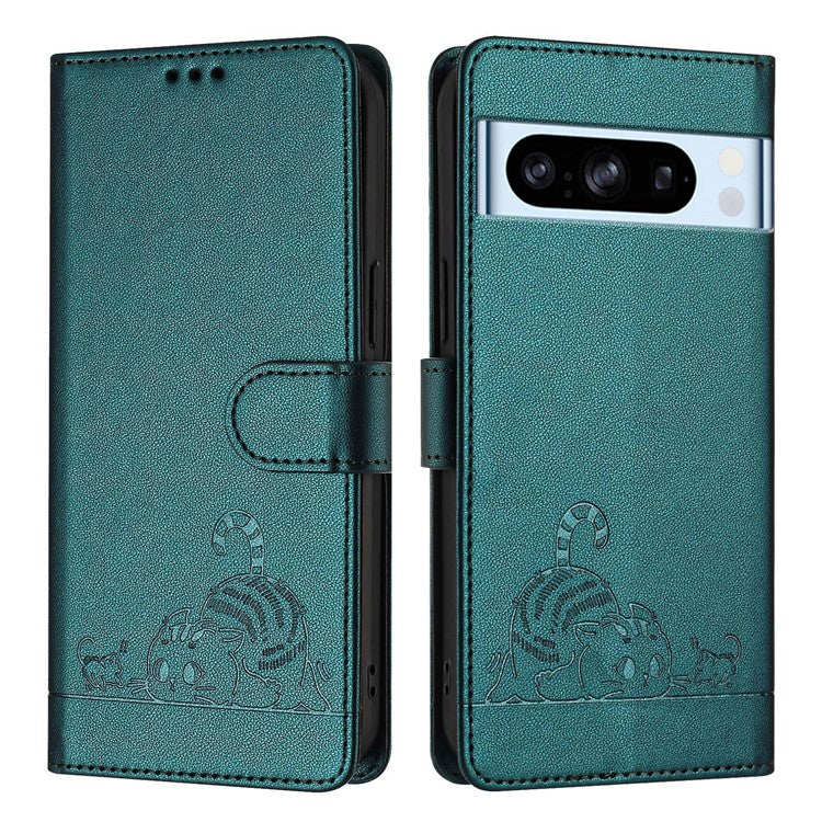 YB Imprinting Series-9 for Google Pixel 8 Pro Case Leather Folio Phone Cover Cat Mouse Pattern - Dark Green
