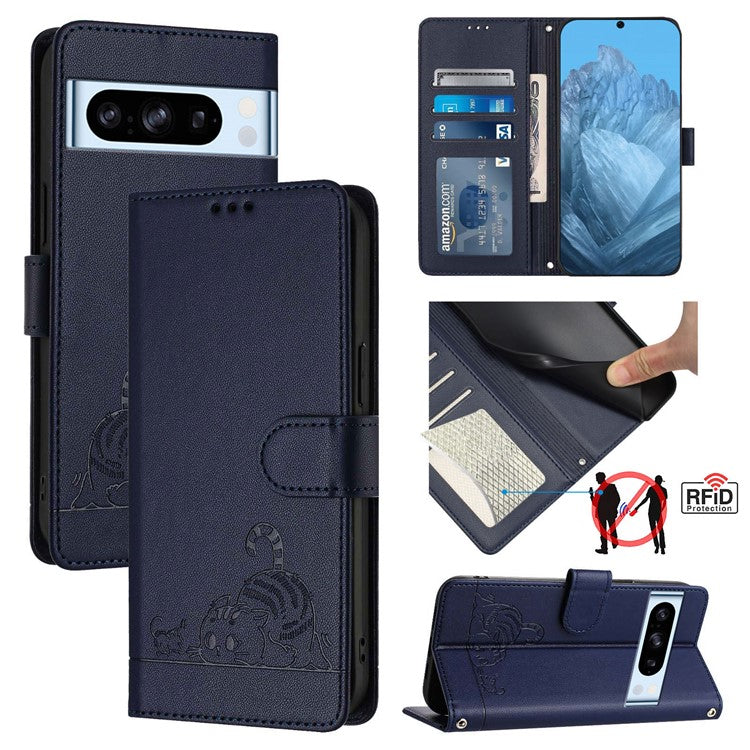 YB Imprinting Series-9 for Google Pixel 8 Pro Case Leather Folio Phone Cover Cat Mouse Pattern - Sapphire