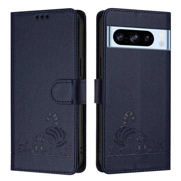 YB Imprinting Series-9 for Google Pixel 8 Pro Case Leather Folio Phone Cover Cat Mouse Pattern - Sapphire