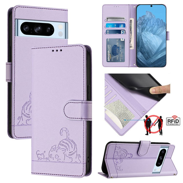 YB Imprinting Series-9 for Google Pixel 8 Pro Case Leather Folio Phone Cover Cat Mouse Pattern - Purple