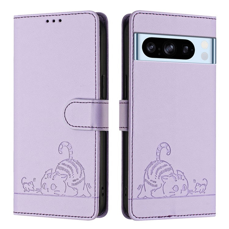 YB Imprinting Series-9 for Google Pixel 8 Pro Case Leather Folio Phone Cover Cat Mouse Pattern - Purple