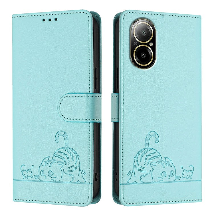 YB Imprinting Series-9 for Realme C67 4G Case PU Leather RFID Blocking Phone Cover Cat Mouse Pattern -  Mint Green