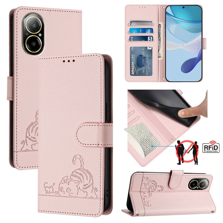 YB Imprinting Series-9 for Realme C67 4G Case PU Leather RFID Blocking Phone Cover Cat Mouse Pattern -  Pink