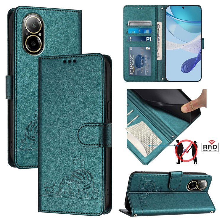 YB Imprinting Series-9 for Realme C67 4G Case PU Leather RFID Blocking Phone Cover Cat Mouse Pattern -  Dark Green