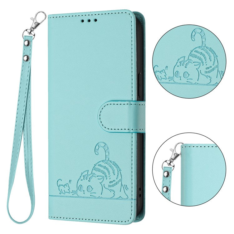 YB Imprinting Series-9 for Oppo Reno11 Pro 5G (Global) Case Leather Phone Cover Cat Mouse Pattern - Mint Green