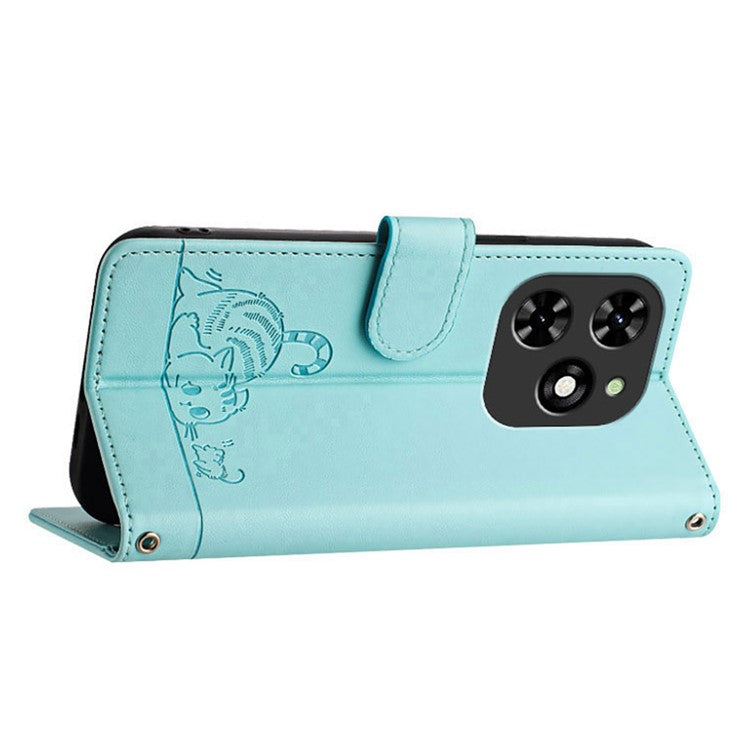 YB Imprinting Series-9 for TECNO Spark Go 2024 4G / Spark 20C Case Cat Mouse Pattern Leather Wallet Phone Cover - Mint Green