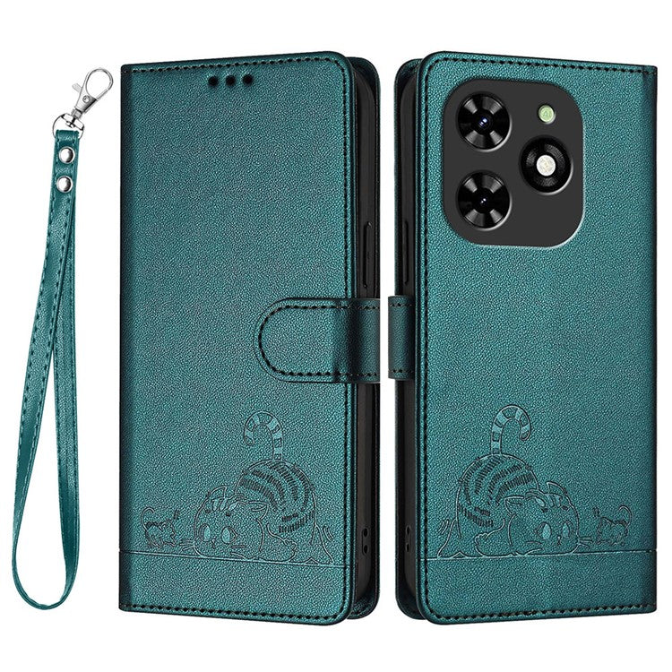 YB Imprinting Series-9 for TECNO Spark Go 2024 4G / Spark 20C Case Cat Mouse Pattern Leather Wallet Phone Cover - Dark Green