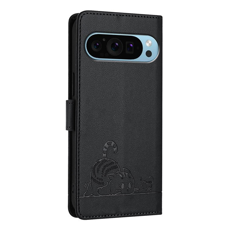 YB Imprinting Series-9 for Google Pixel 9 / 9 Pro Case PU Leather Cat Mouse Folio Phone Cover - Black