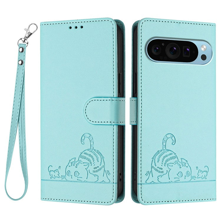 YB Imprinting Series-9 for Google Pixel 9 / 9 Pro Case PU Leather Cat Mouse Folio Phone Cover - Mint Green