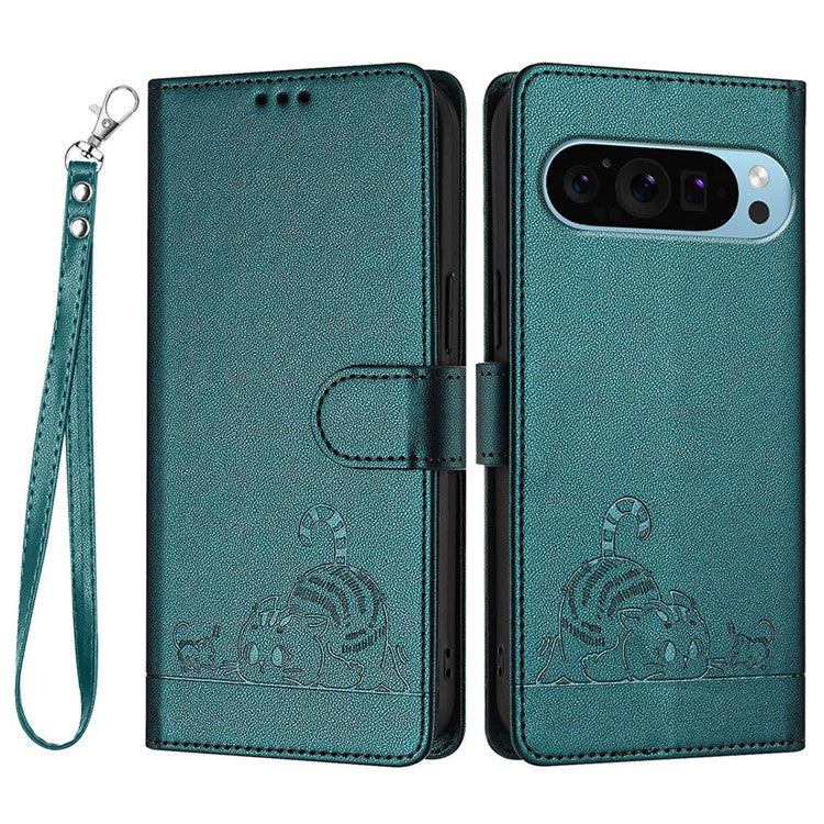 YB Imprinting Series-9 for Google Pixel 9 / 9 Pro Case PU Leather Cat Mouse Folio Phone Cover - Dark Green