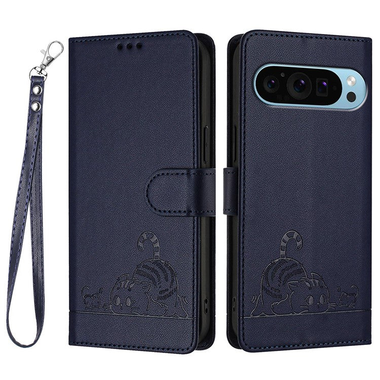 YB Imprinting Series-9 for Google Pixel 9 / 9 Pro Case PU Leather Cat Mouse Folio Phone Cover - Sapphire