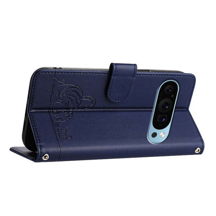 YB Imprinting Series-9 for Google Pixel 9 / 9 Pro Case PU Leather Cat Mouse Folio Phone Cover - Sapphire