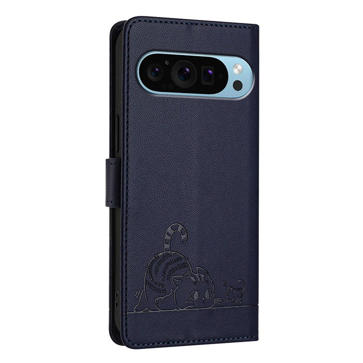 YB Imprinting Series-9 for Google Pixel 9 / 9 Pro Case PU Leather Cat Mouse Folio Phone Cover - Sapphire