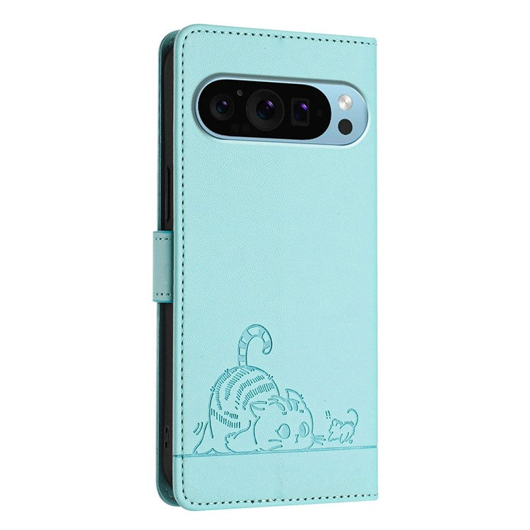 YB Imprinting Series-9 for Google Pixel 9 Pro / Pixel 9 Case Cat Mouse Wallet Leather Phone Cover - Mint Green