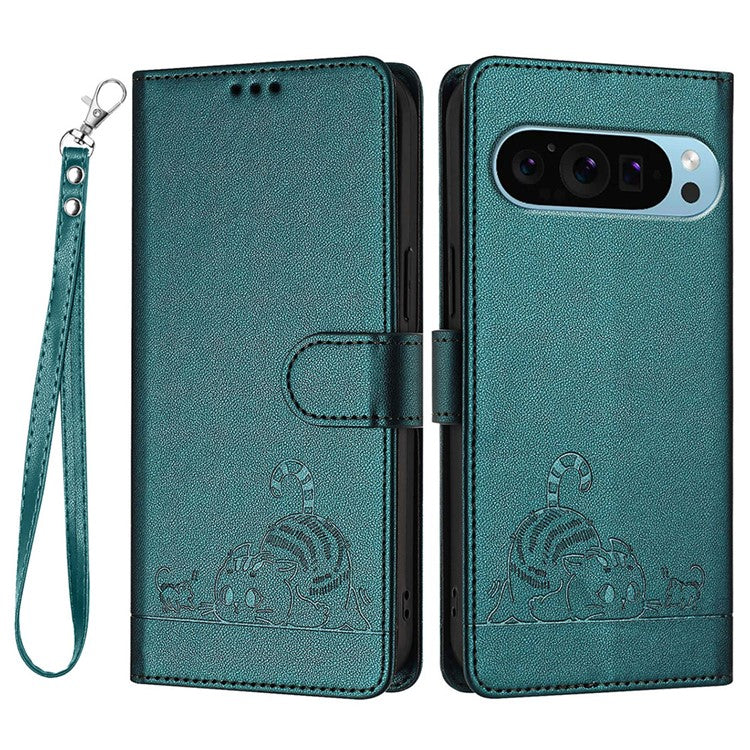 YB Imprinting Series-9 for Google Pixel 9 Pro / Pixel 9 Case Cat Mouse Wallet Leather Phone Cover - Dark Green